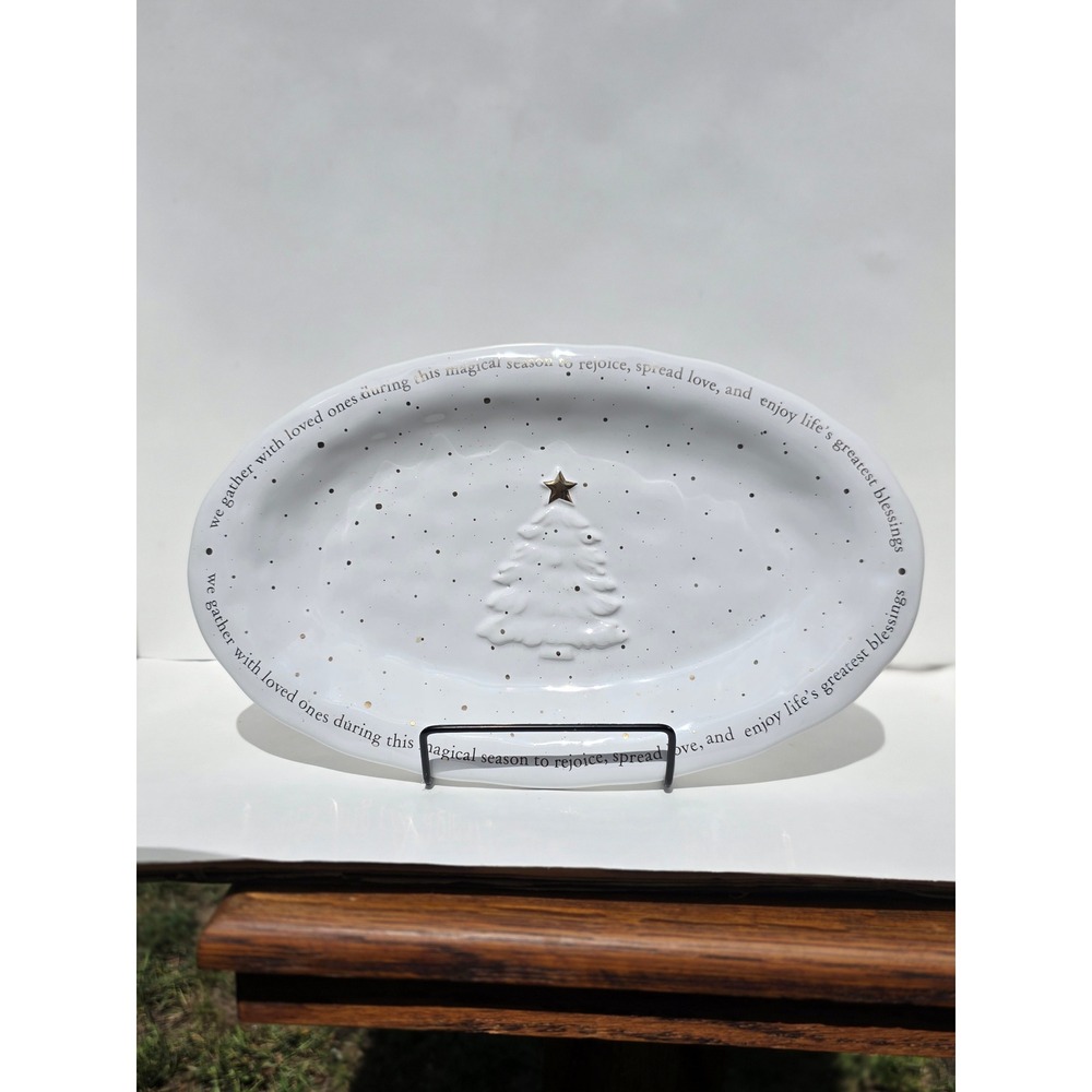 Mud Pie Christmas Serving Platter White Gold Embossed Tree Oval Ceramic Dish